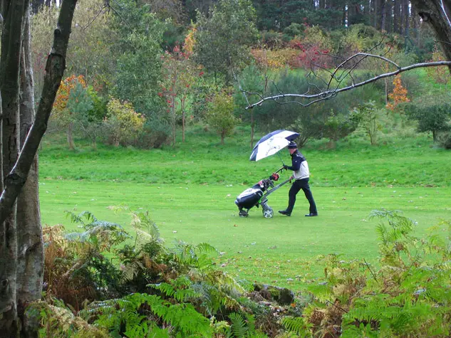 Golfer playing in rain with golf trolley and umbrella on golf course