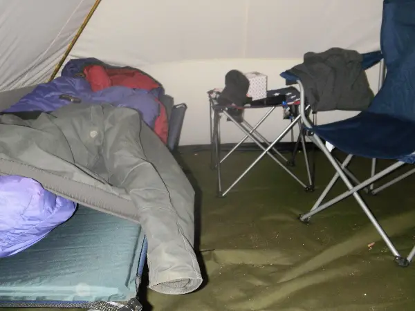 inside view of tent with cot