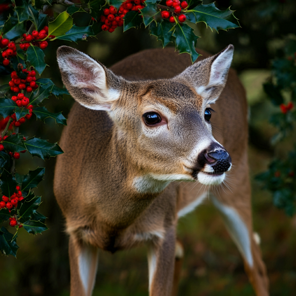 deer in american holly bush