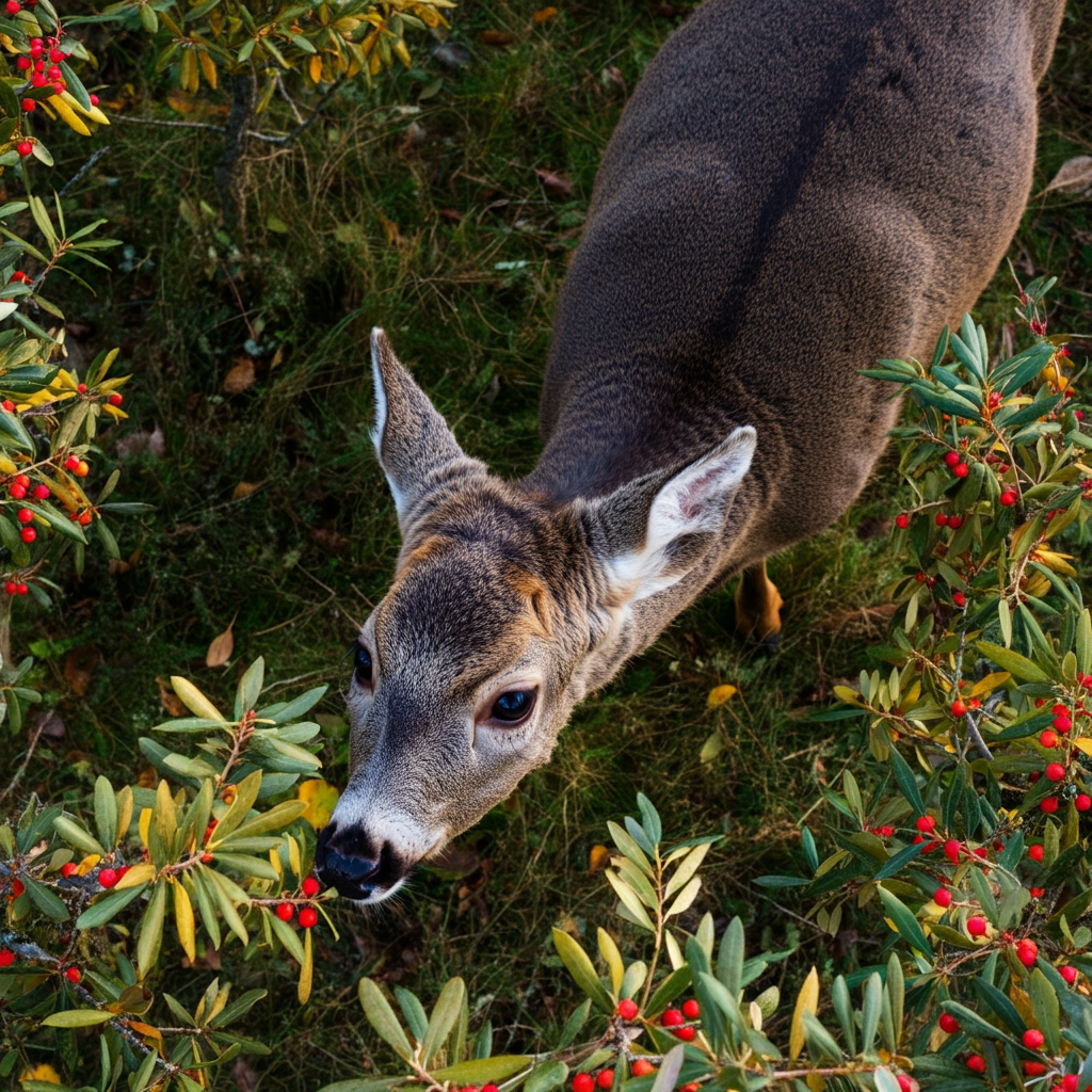 deer eating autumn olive plant