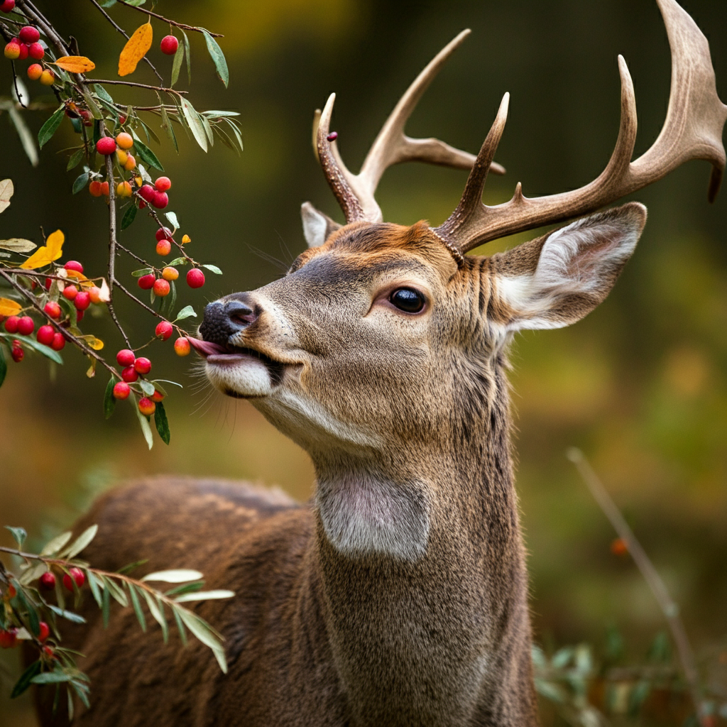 male deer eating autumn olive