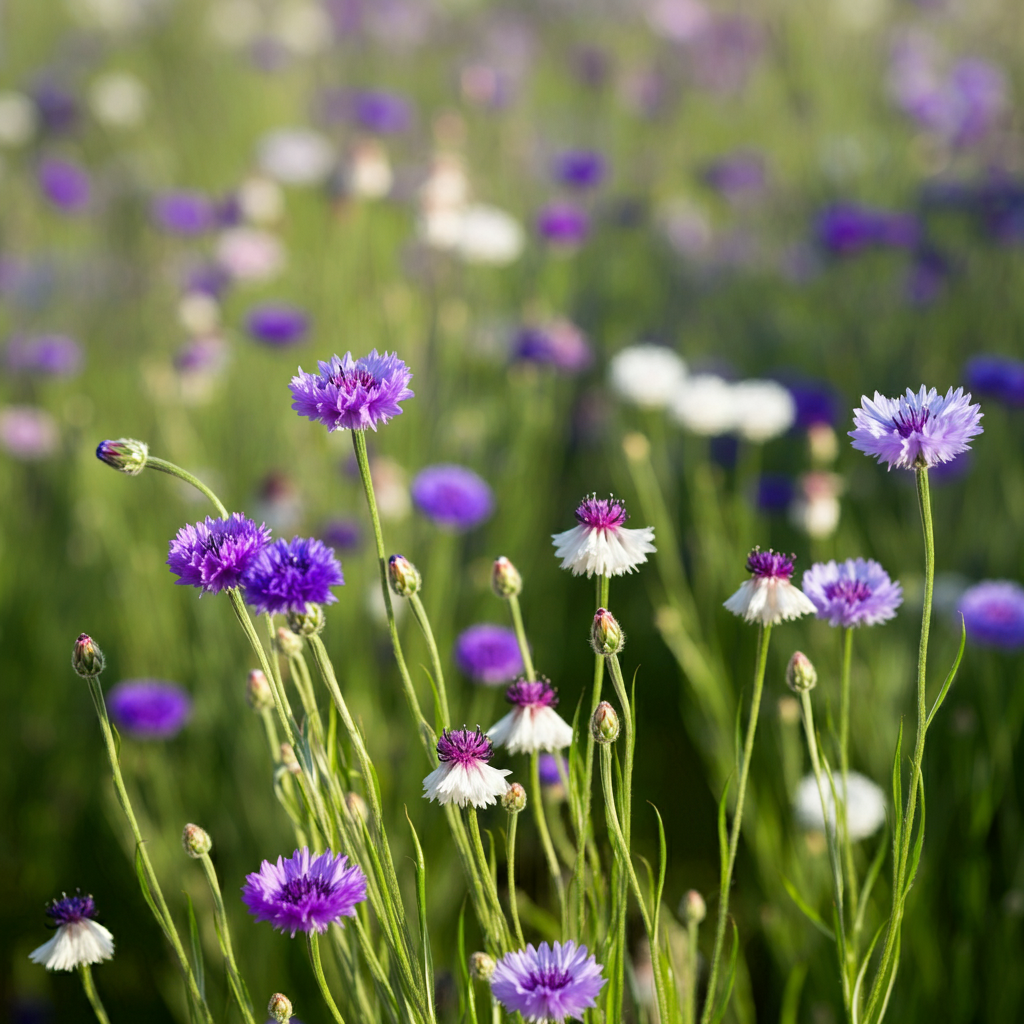 bachelor button flowers growing in field