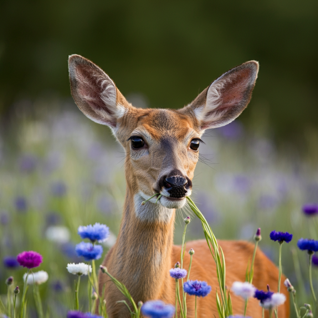 female deer eating bachelor button flowers