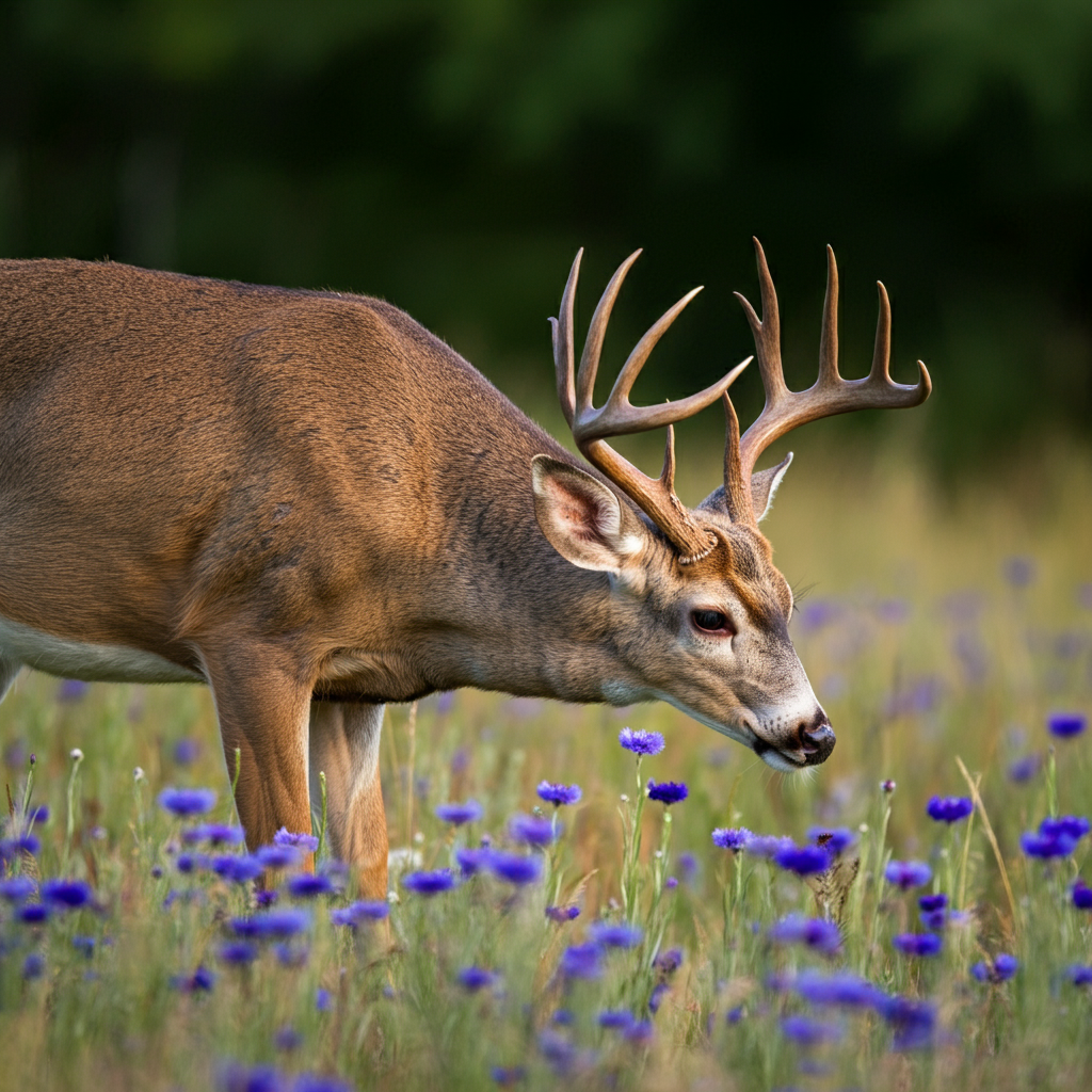 buck deer sniffing on bachelor button flowers in a field