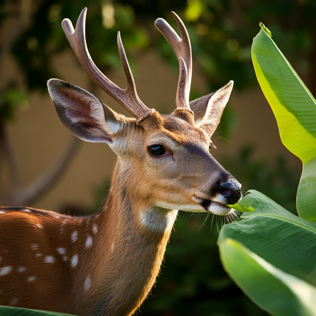 male deer eating banana tree leaves