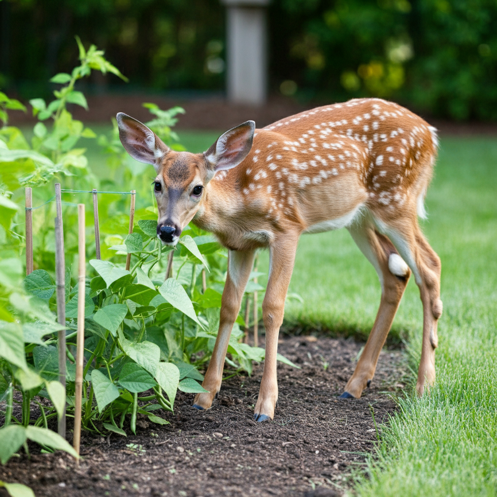 young deer munching on bean plants in a home garden