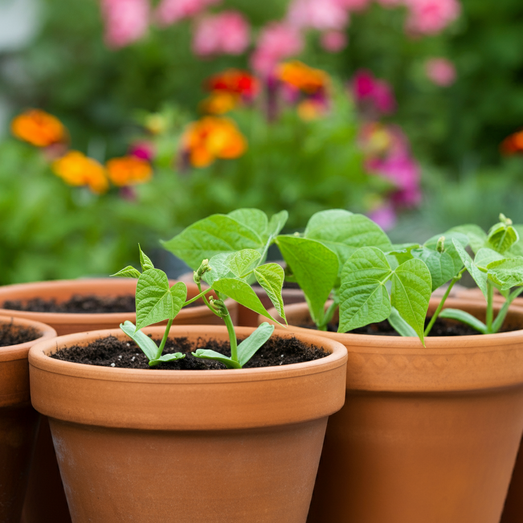 young bean plants in terra cotta pots in a home garden