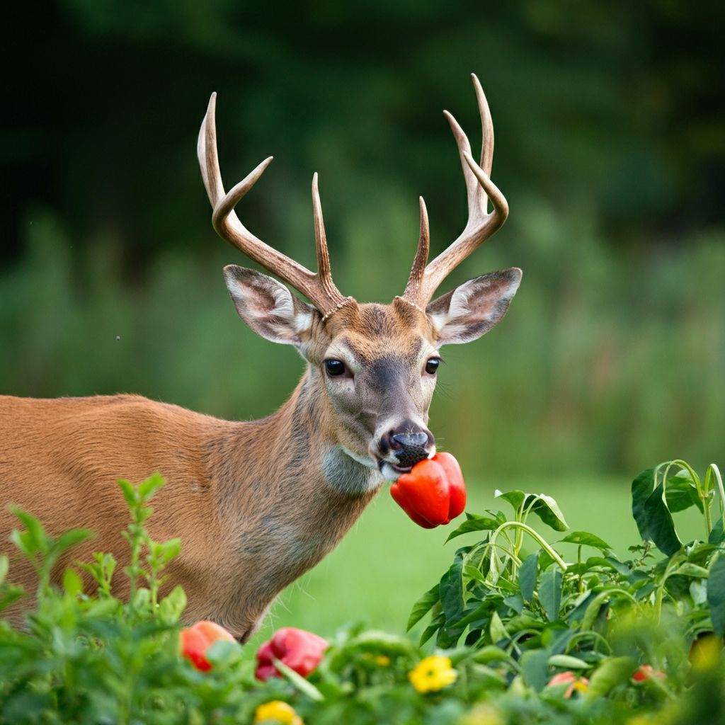 deer eating bell pepper in a garden