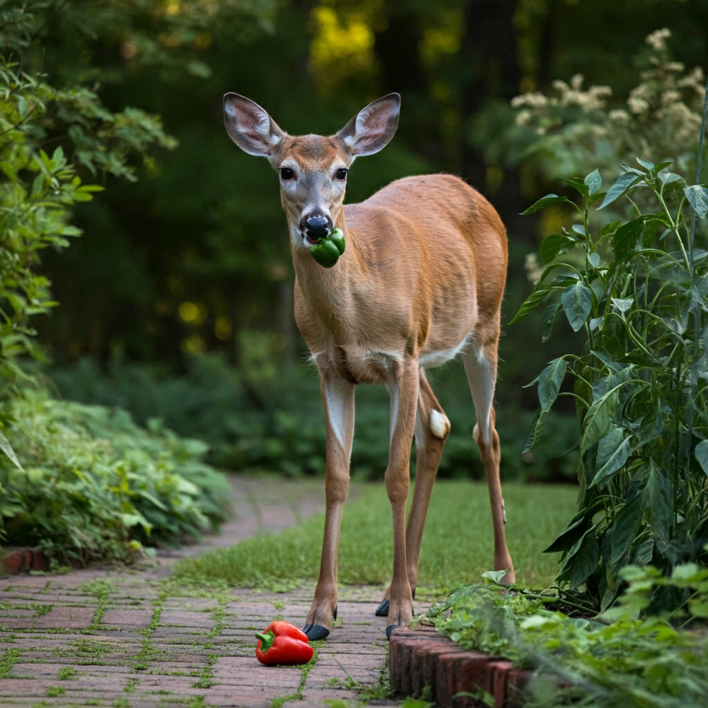 tall deer in garden eating a bell pepper