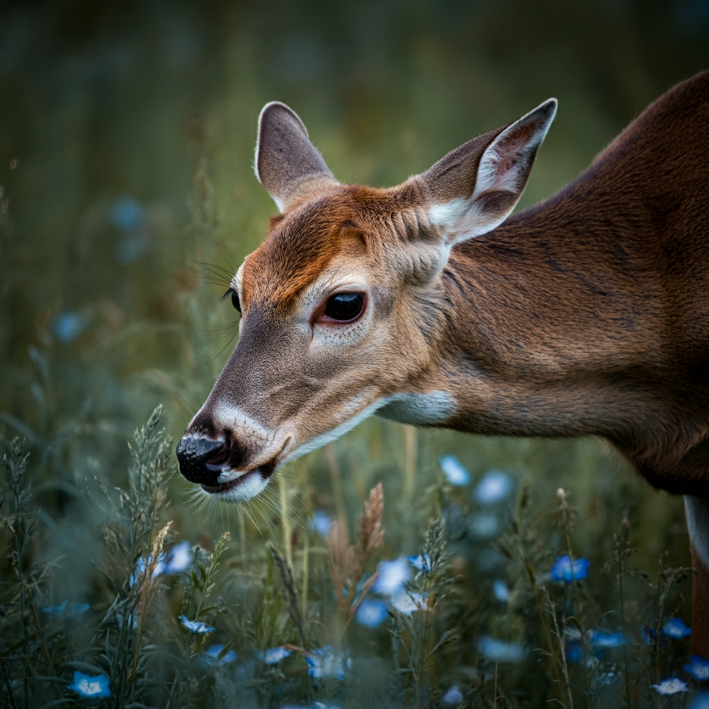 deer eating blue eyed grass in a field