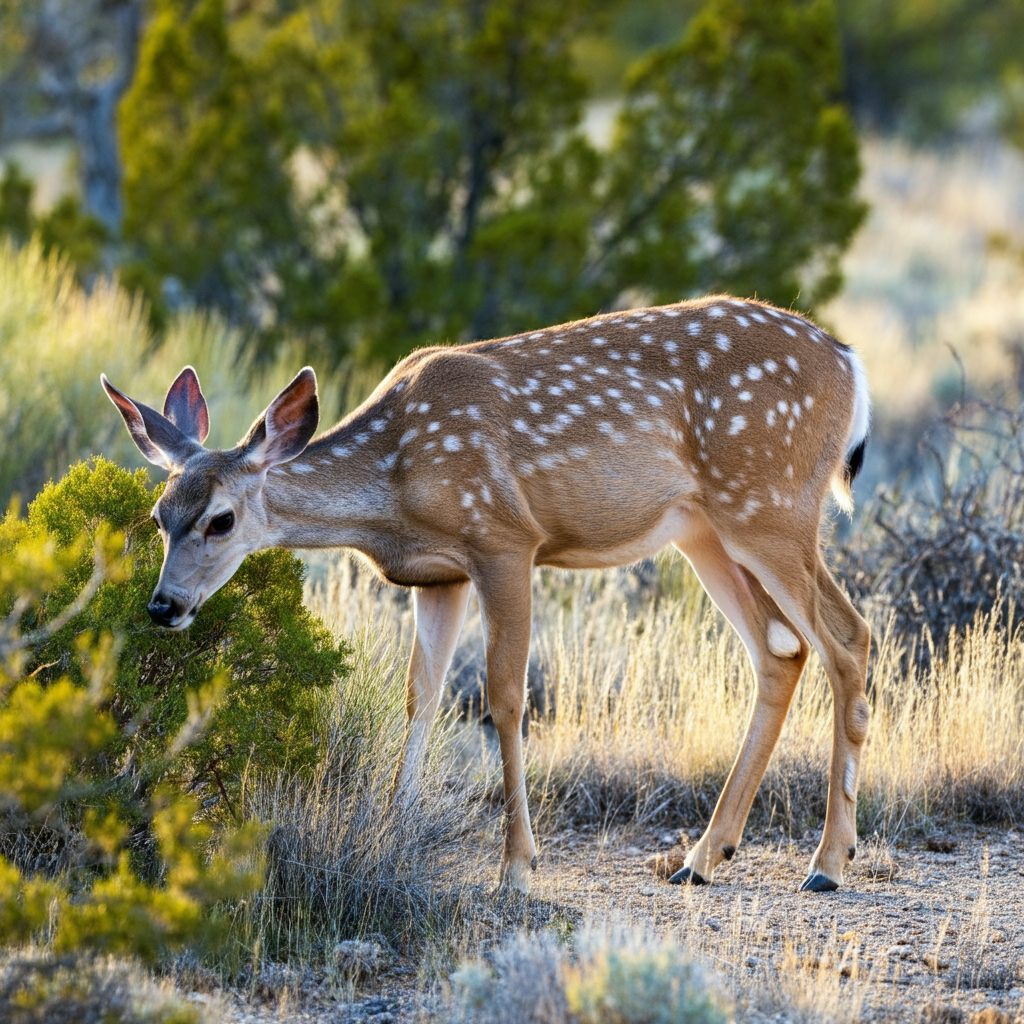 deer near blue point juniper trees