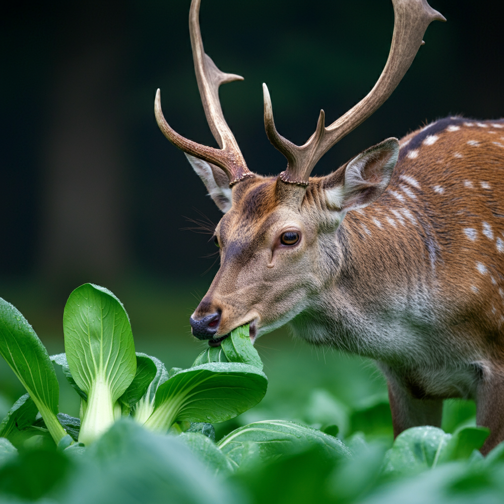 deer eating bok choy from garden