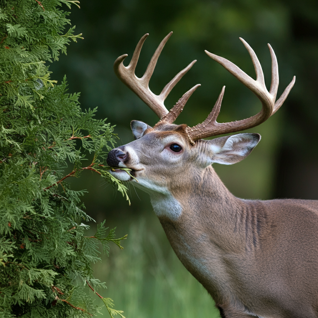 buck eating arborvitae trees