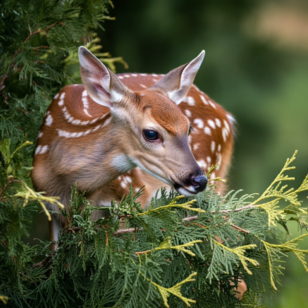 doe eating arborvitae tree