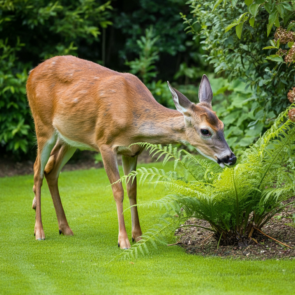 doe eating asparagus fern in garden