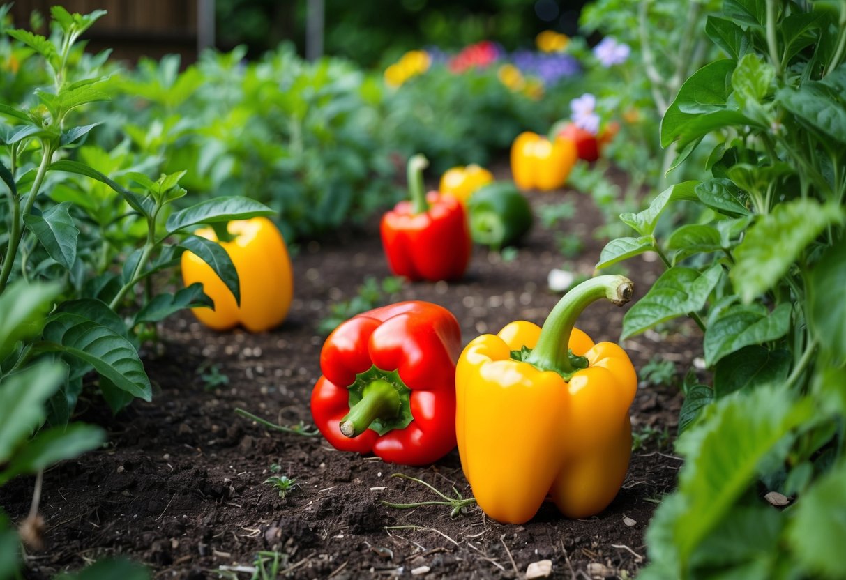 A garden with vibrant bell peppers untouched by deer, surrounded by other plants